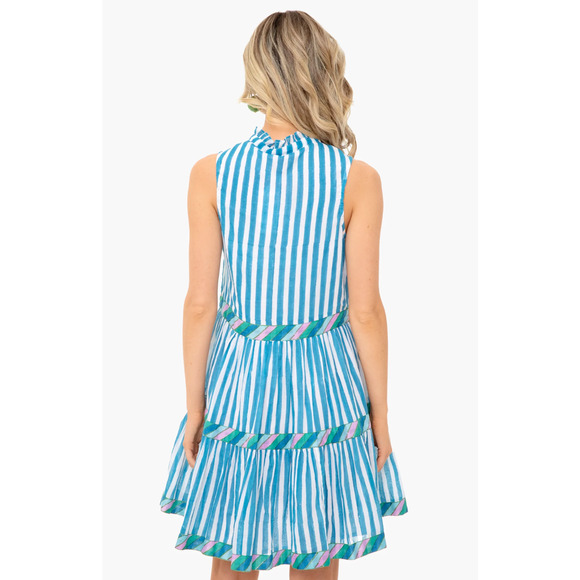 OLIPHANT Tuckernuck Playa Blue Striped Yoke Mini Dress Flirty Flare Cotton XL - Picture 6 of 14